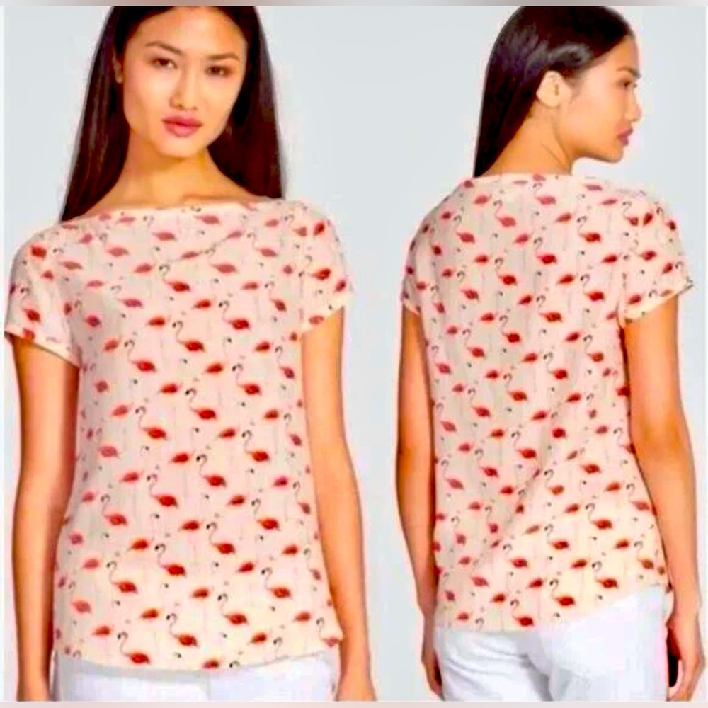 Kate Spade NWT RP $198 Flamingo Print Blouse Flamingos on Lt pink Silk& Viscose
